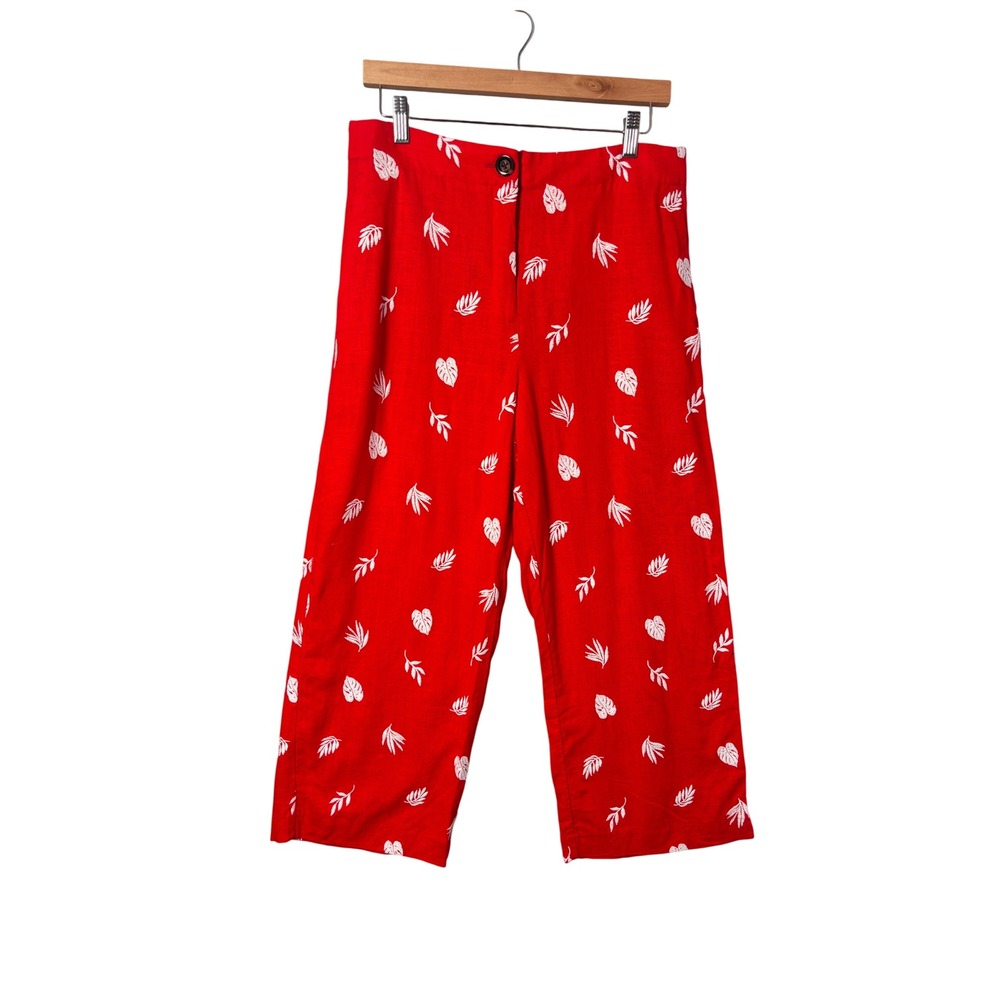 Ann Taylor The Embroidered Wide Leg Pants 10 Red Leaf Linen Blend Resort Boho